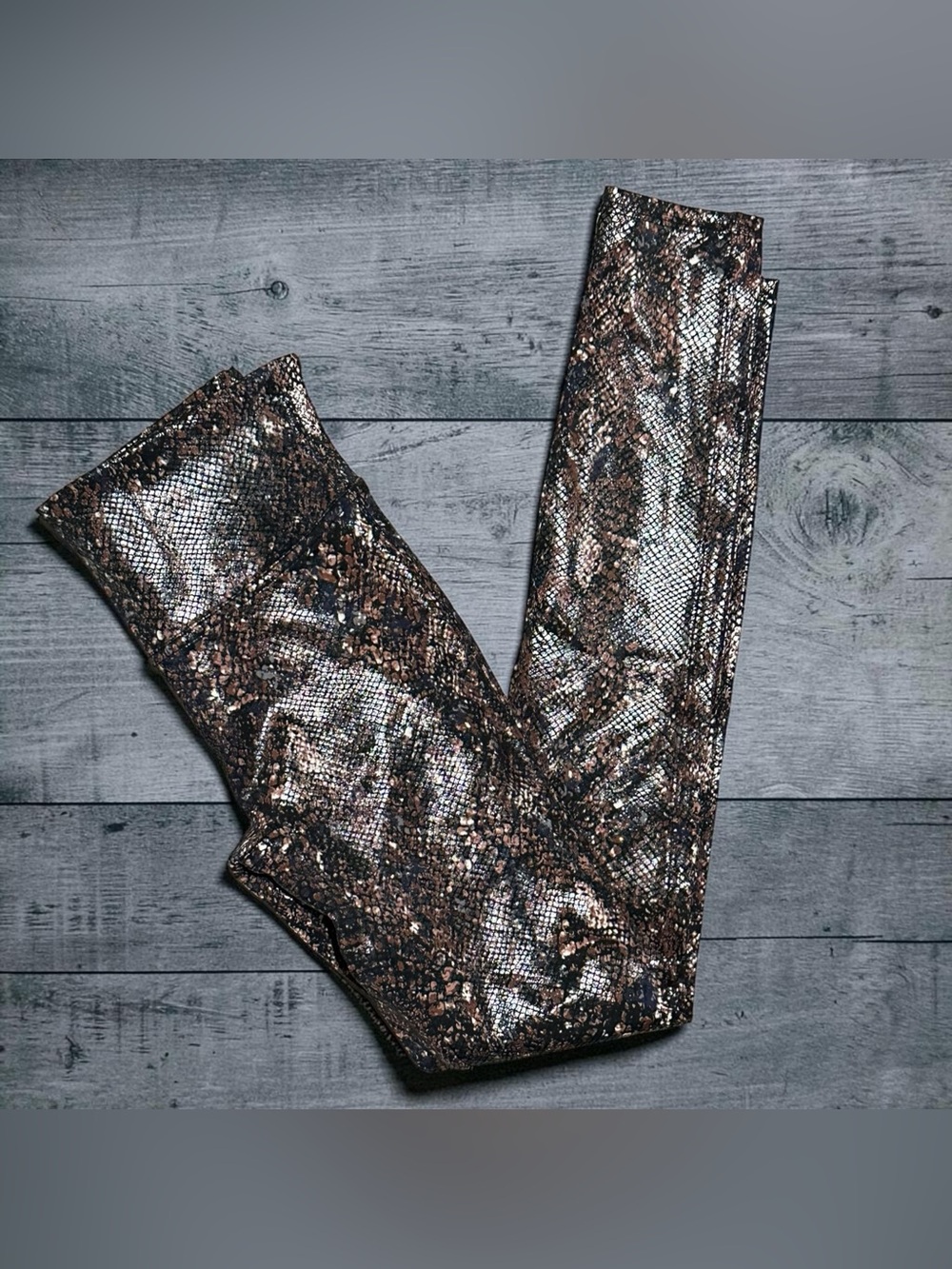 SPANX 20324R Faux Leather Snake Shine Leggings Mocha Metallic Snakeskin S/P